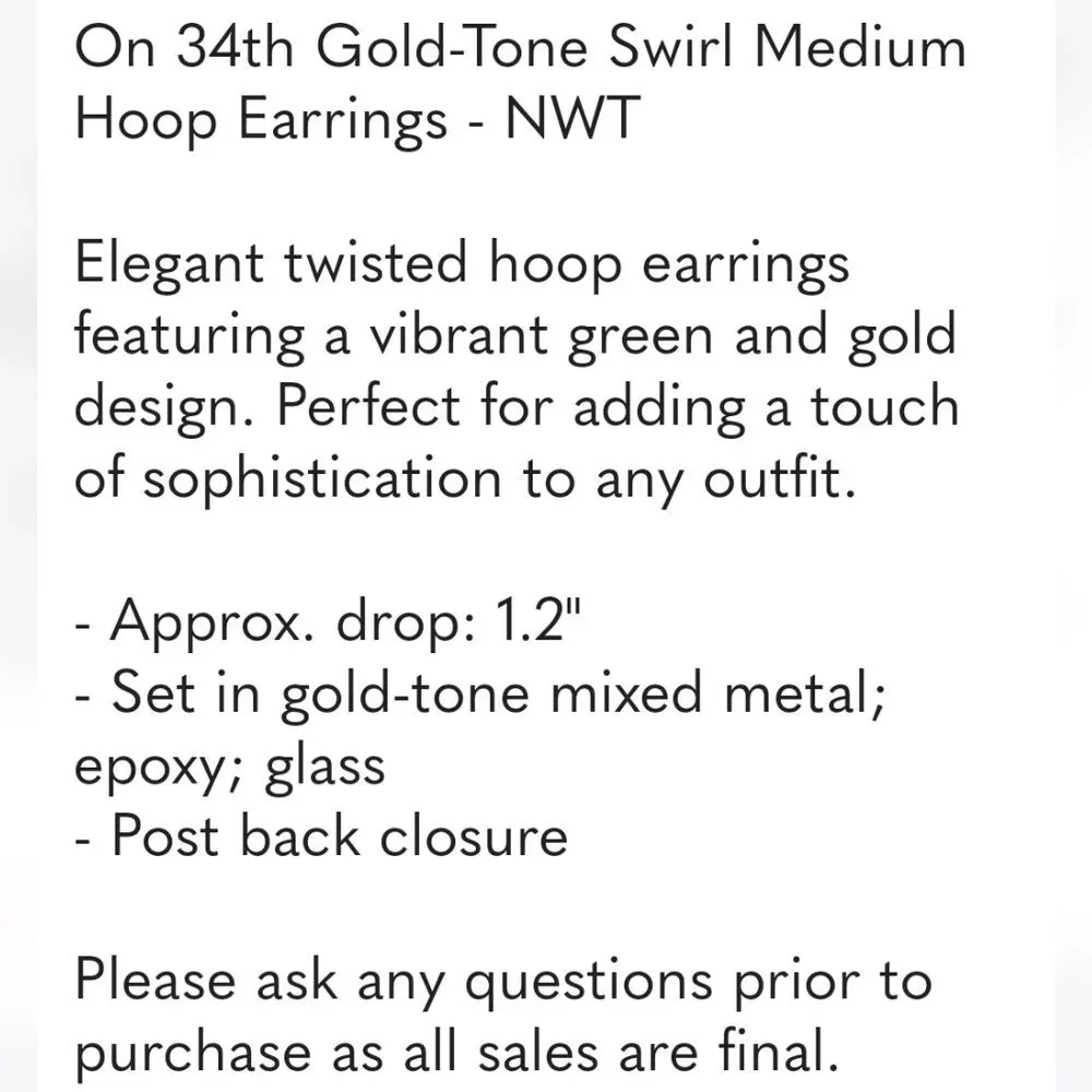 On 34th Gold-Tone Swirl Medium Hoop Earrings - NWT